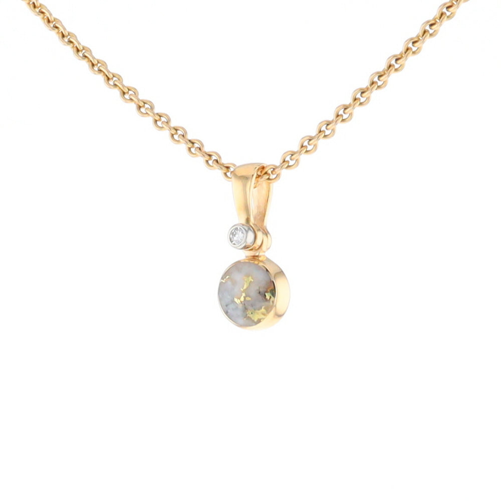 Gold Quartz Necklace Round Inlaid Pendant with .02ct Round Diamond