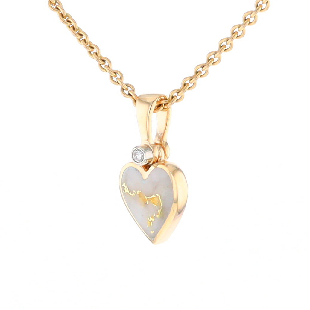 Gold Quartz Necklace Heart Inlaid Design Pendant with .02ct Diamond