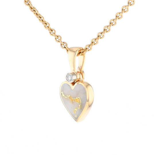 Gold Quartz Necklace Heart Inlaid Design Pendant with .02ct Diamond