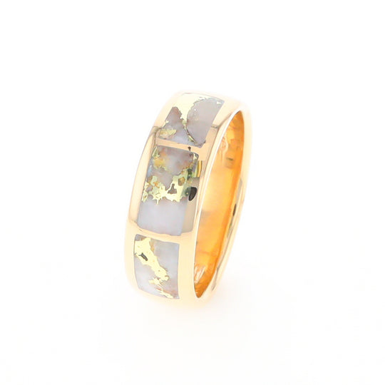 Gold Quartz Ring 3 Section Rectangle Inlaid Band