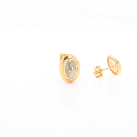 Gold Quartz Earrings Oval Inlaid Design Studs G2