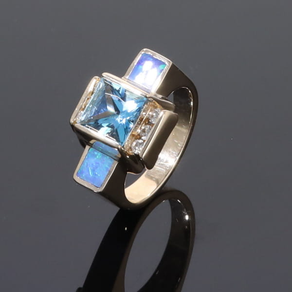 Opal Rings Inlaid Sides Swiss Blue Topaz Center with .24ctw Diamonds