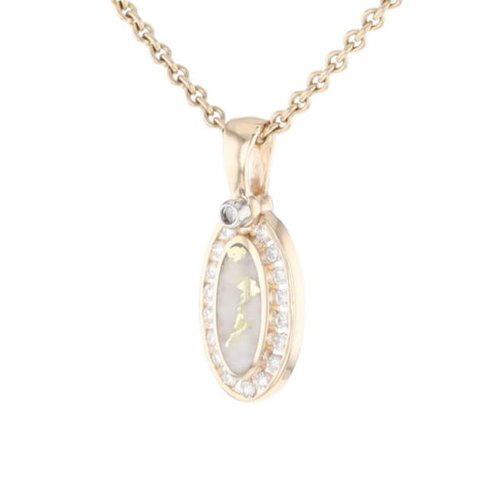Gold Quartz Pendant Oval Inlaid with .22ctw Round Diamonds Halo (G1)