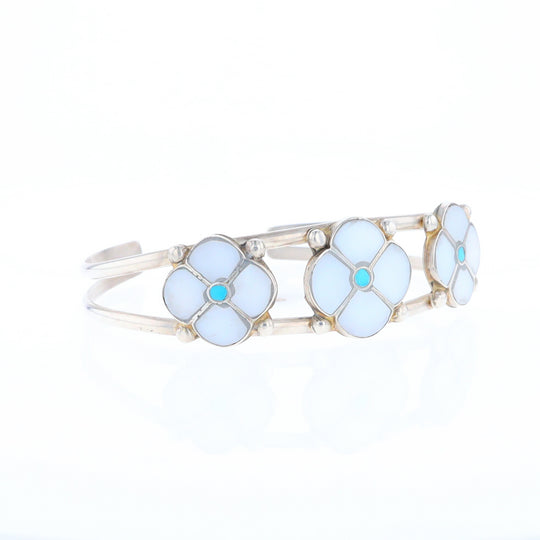 Native Mother of Pearl and Turquoise Flower Cuff Bracelet