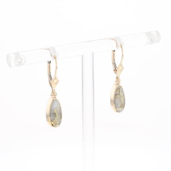 Gold Quartz Earrings Tear Drop Inlaid Lever Backs
