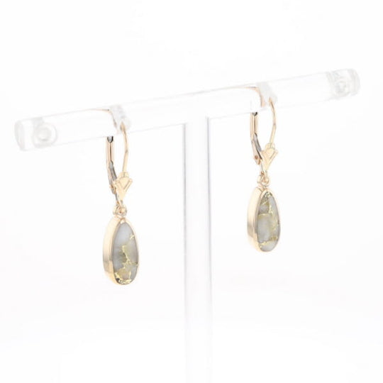 Gold Quartz Earrings Tear Drop Inlaid Lever Backs