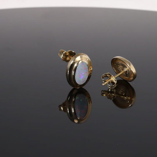 Opal Earrings Oval Inlaid Design Studs