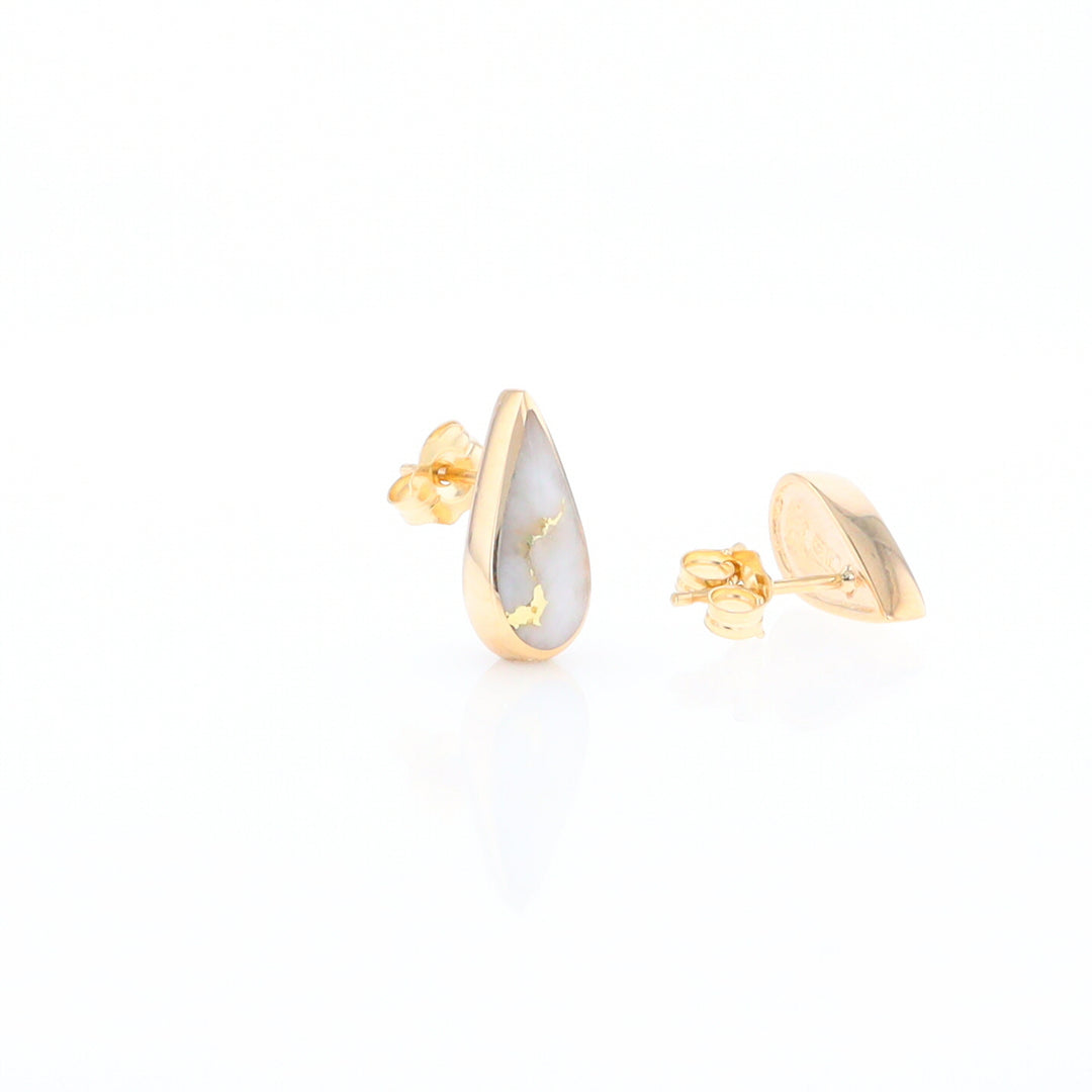 Gold Quartz Earrings Tear Drop Inlaid Studs