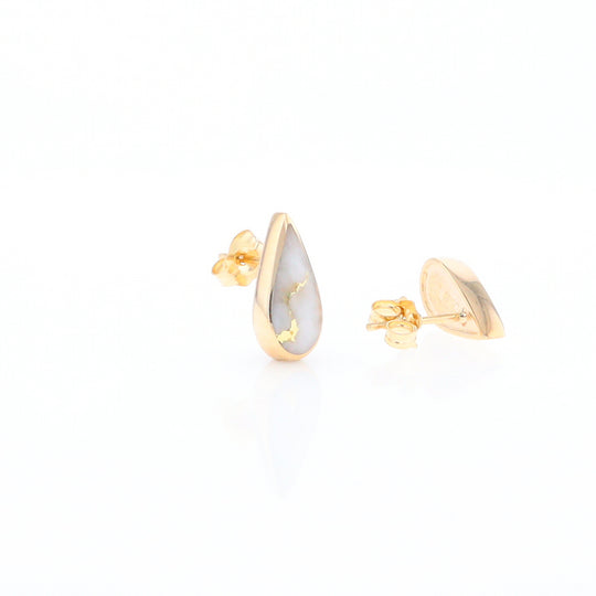 Gold Quartz Earrings Tear Drop Inlaid Studs