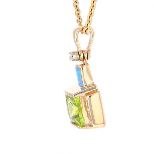Princess Cut Peridot Pendant with Diamond Frame and Opal Inlay