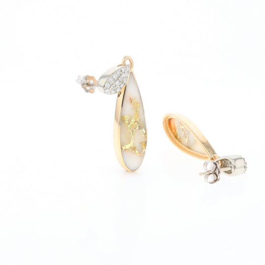 Gold Quartz Earrings, Tear Drop Inlaid with .22ctw Diamond Pave Design