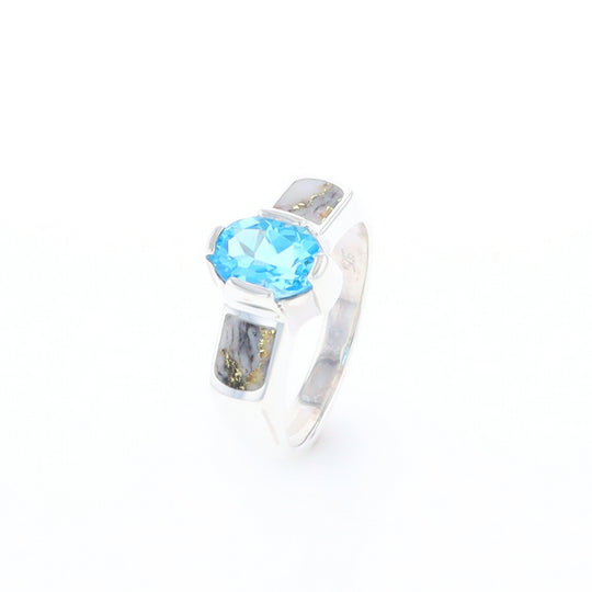 Sterling Silver Gold Quartz Inlaid Oval Blue Topaz Ring - G3