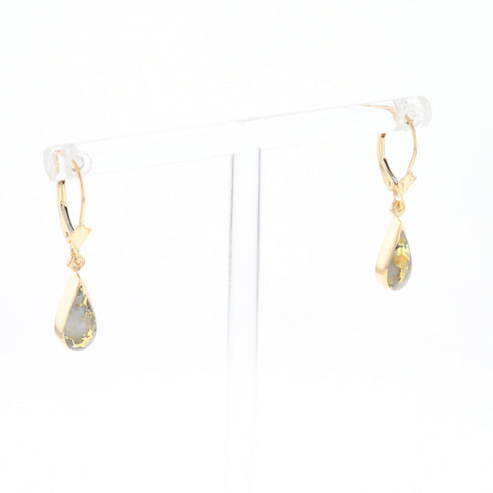 Gold Quartz Earrings Tear Drop Inlaid Lever Backs