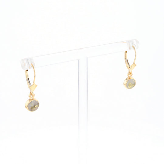 Gold Quartz Earrings Round Inlaid Design Lever Backs