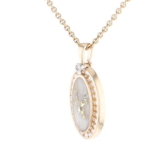 Gold Quartz Necklace .37ctw Halo Diamond Oval Inlaid Pendant