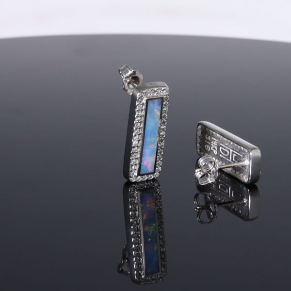 Opal Earrings Rectangle Inlaid with .50ctw Round Diamond Halo Studs