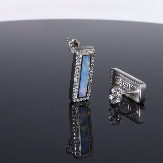 Opal Earrings Rectangle Inlaid with .50ctw Round Diamond Halo Studs