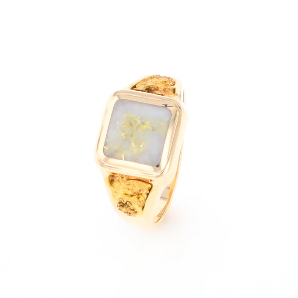 Gold Quartz Ring Square Inlaid Center Design with Natural Nugget Sides