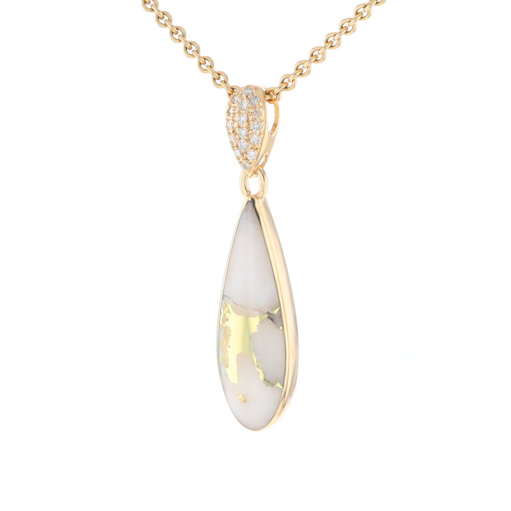 Gold Quartz Necklace, Tear Drop Inlaid Design with 0.11ctw Diamond Pave Pendant G2