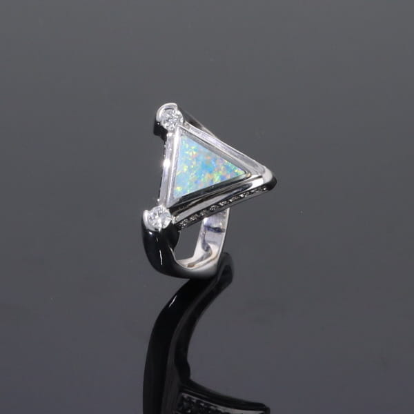 Opal Rings Triangle Inlaid Design with .31ctw Round Diamonds
