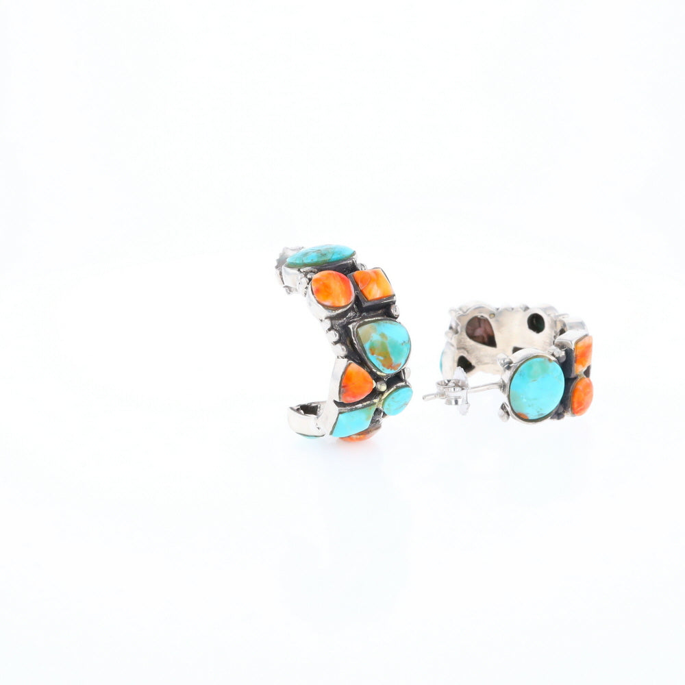 Turquoise & Spiny Oyster Semi-Hoop Stud Earrings