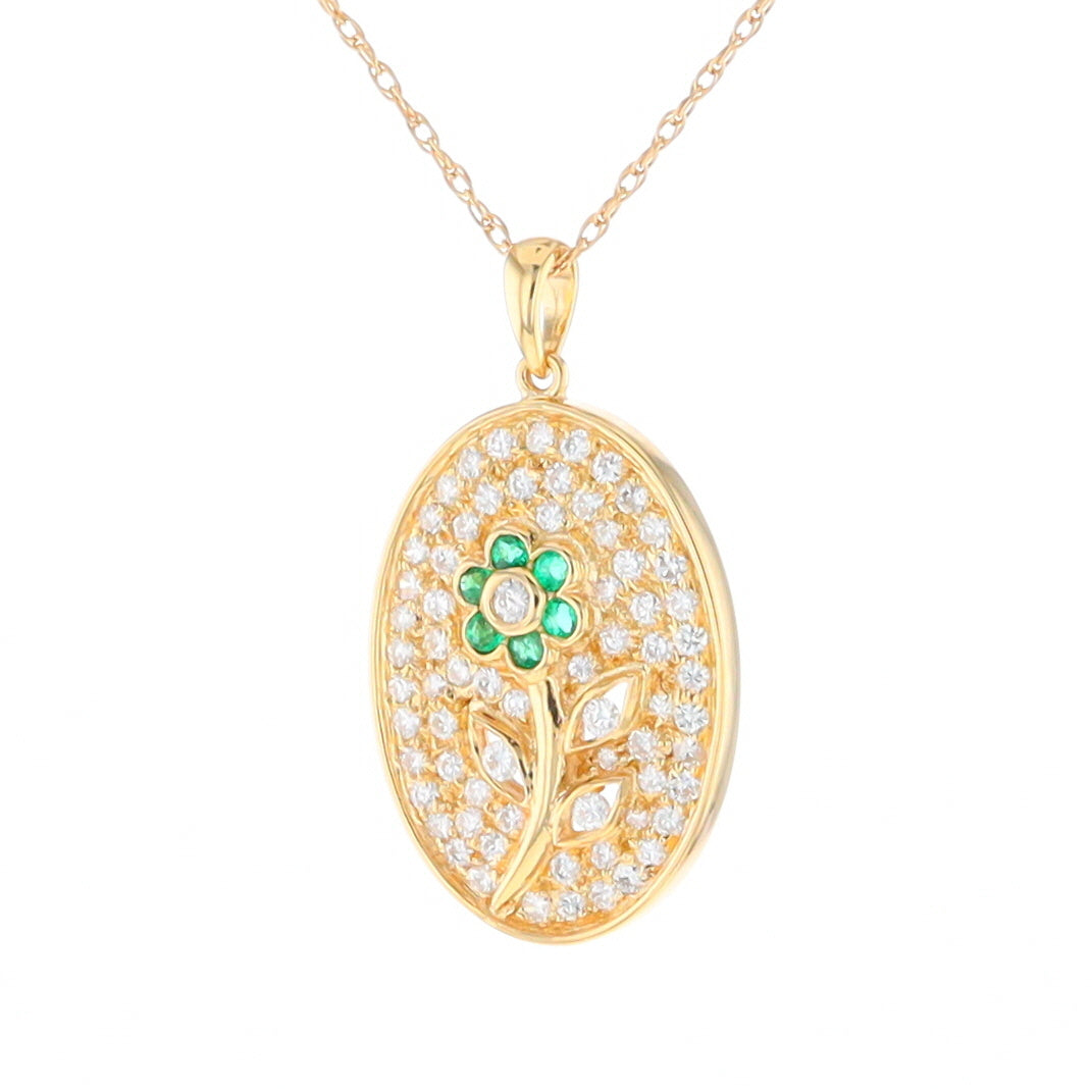 Emerald and Diamond Encrusted Oval Flower Pendant