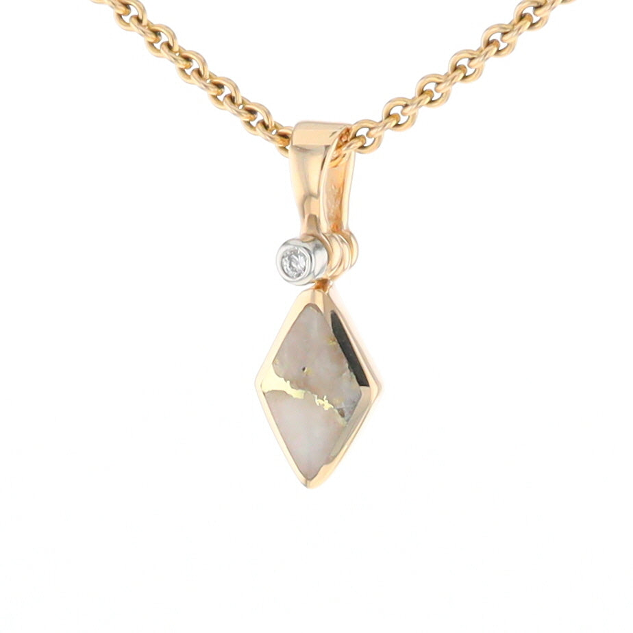 Gold Quartz Necklace Diamond Shape Inlaid Pendant with .02ct Diamond