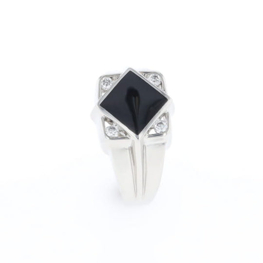 Natural onyx ring diamond shape inlaid design with .16ctw round diamonds