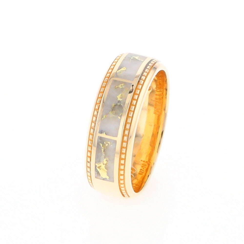 Gold Quartz Ring 3 Section Rectangle Inlaid Milgrain Border Band