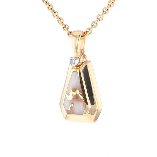 Gold Quartz Necklace, Triangle Inlaid with .02ctw Diamond Pendant