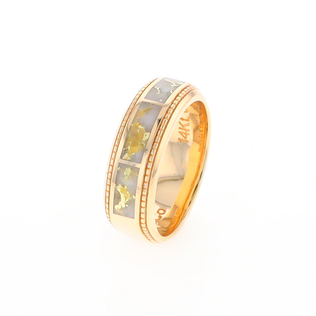 Gold Quartz Ring 3 Section Rectangle Inlaid Milgrain Border Band G1