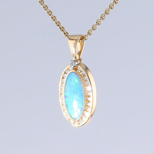 Opal Pendant Oval Inlaid Design with .37ctw Round Diamonds Halo