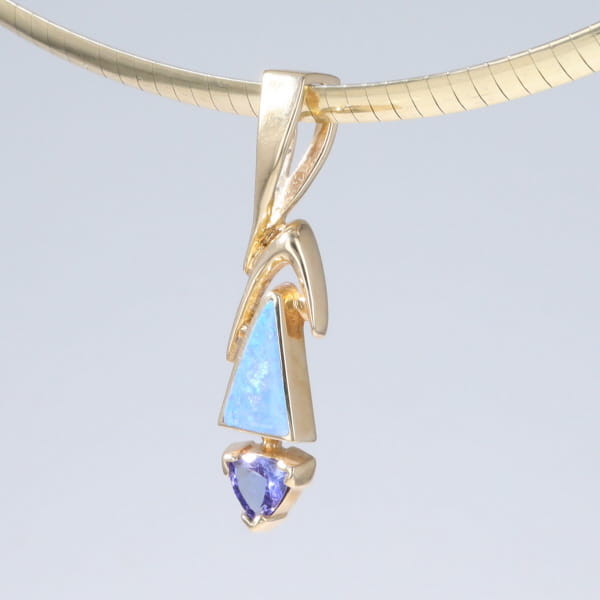 Opal Pendant Triangle Inlaid Design with Trillion Cut Tanzanite