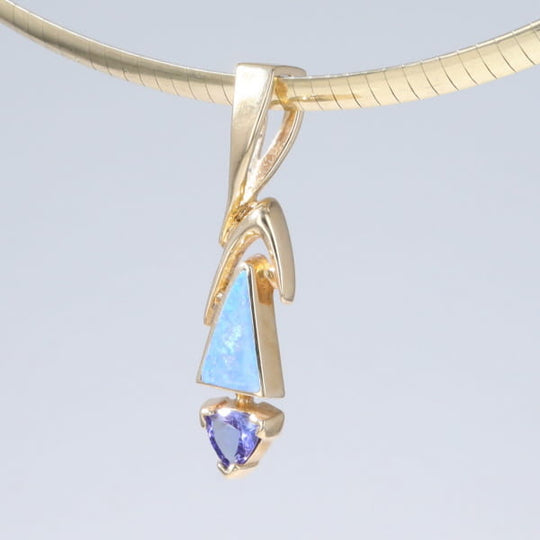 Opal Pendant Triangle Inlaid Design with Trillion Cut Tanzanite