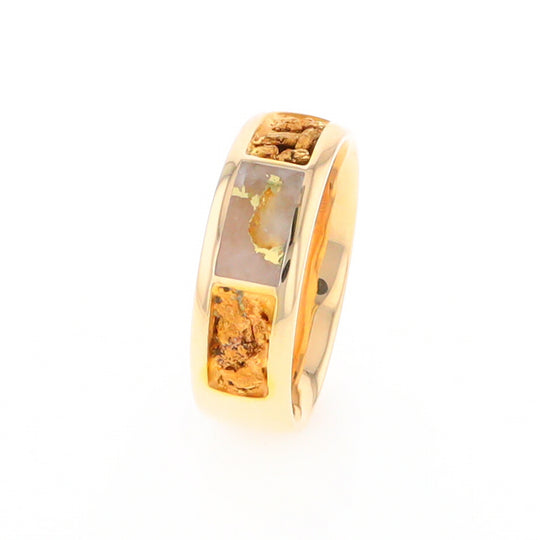 Gold Quartz Ring Rectangle Inlaid with Natural Nugget Sides