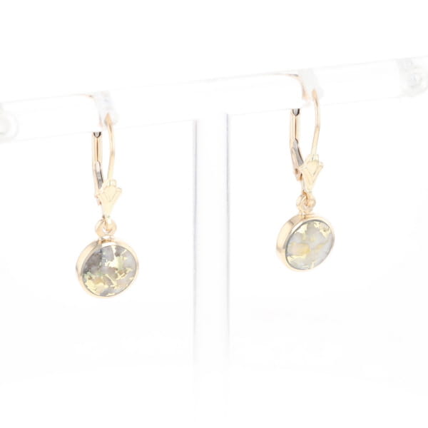 Gold Quartz Earrings Round Inlaid Design Lever Backs