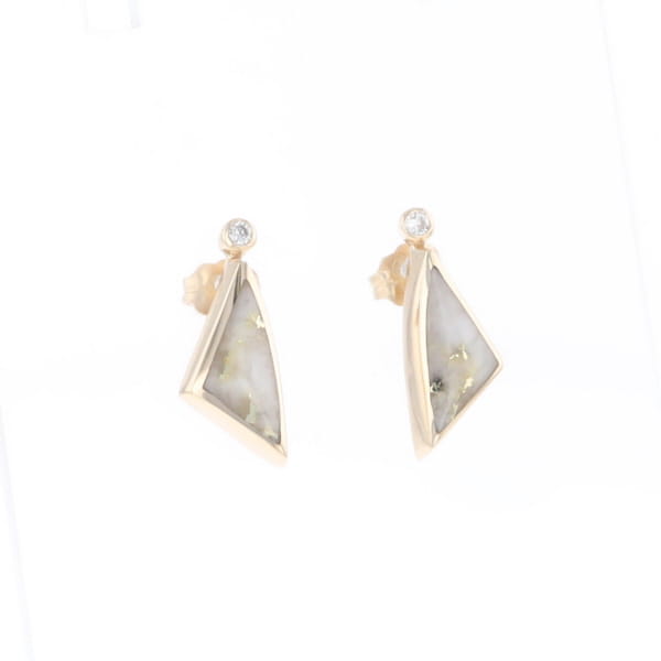 Gold Quartz Earrings Triangle Shape Inlaid with .04ct Round Diamonds - G2