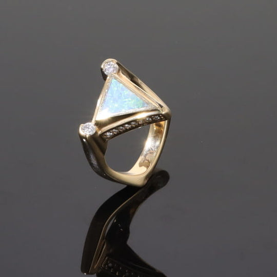 Opal Rings Triangle Inlaid Design with .31ctw Round Diamonds