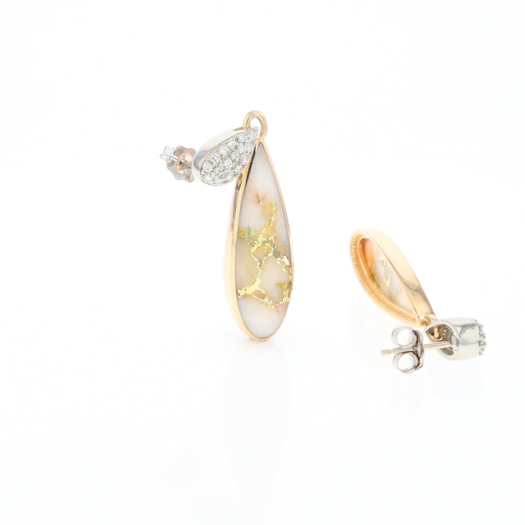 Gold Quartz Earrings, Tear Drop Inlaid with .22ctw Diamond Pave Design