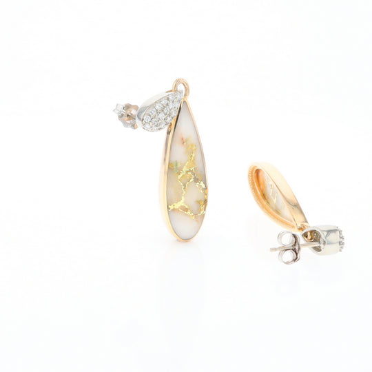 Gold Quartz Earrings, Tear Drop Inlaid with .22ctw Diamond Pave Design