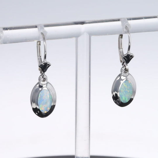 Opal Earrings Oval Inlaid Design Lever Backs