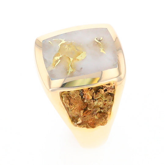 Gold Quartz Ring Double Side Natural Nuggets with Rectangle Inlaid Center