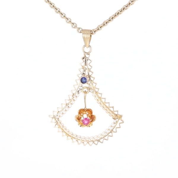 Vintage Buttercup Dangle Ruby Scrollwork Pendant