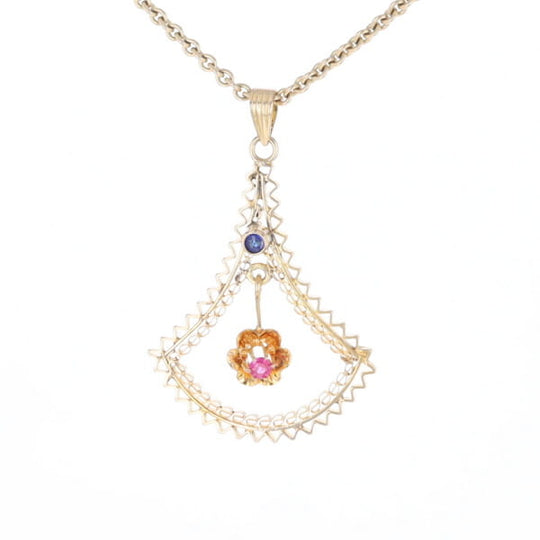 Vintage Buttercup Dangle Ruby Scrollwork Pendant
