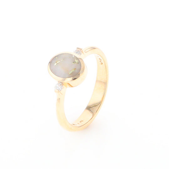 Gold Quartz Ring Oval Inlaid Design Center with .06ctw Round Diamonds