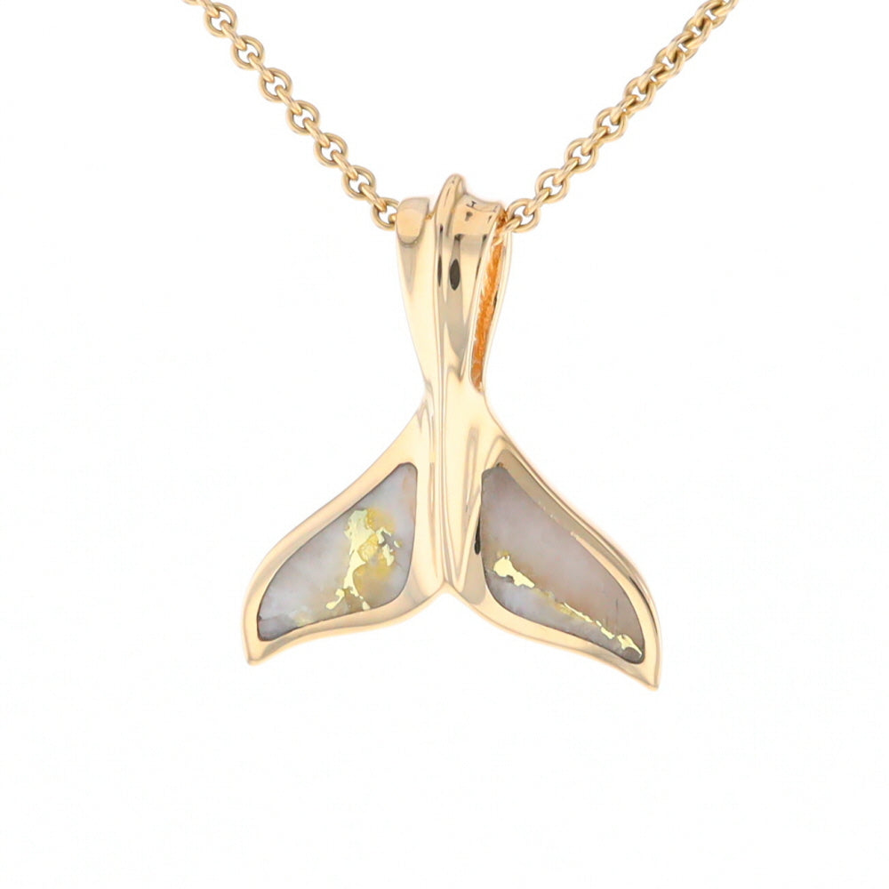 Whale Tail Necklaces Gold Quartz Double Sided Inlaid Sea Life Pendant