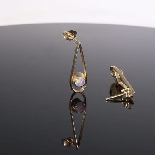 Opal Earrings Round Inlaid Open Tear Drop Design Studs