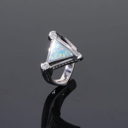 Opal Rings Triangle Inlaid Design with .31ctw Round Diamonds