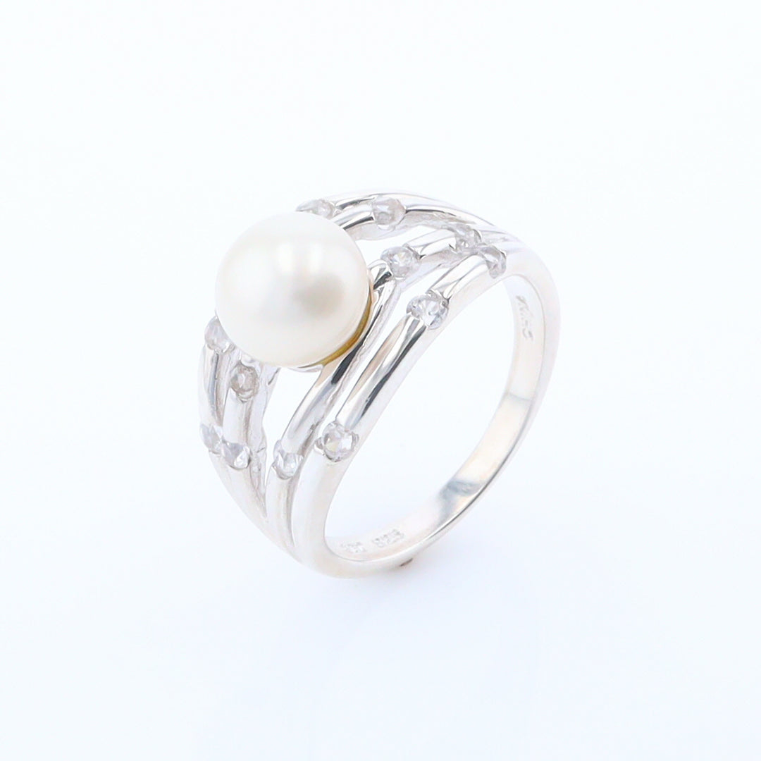 Pearl Bamboo Ring with Cubic Zirconia Accents