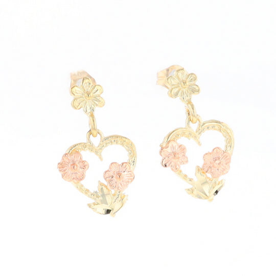 Black Hills Gold Heart & Flower Drop Earrings